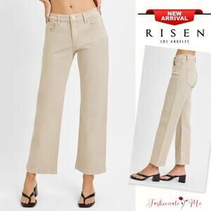 RISEN Tummy Control Mid Rise Waist Zip Fly Ankle Straight Denim Jeans | Almond